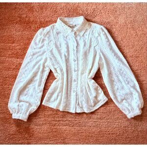 Ivy & Sage Lace Button Blouse Cream Romantic Puff Sleeve Shirt M NWT
